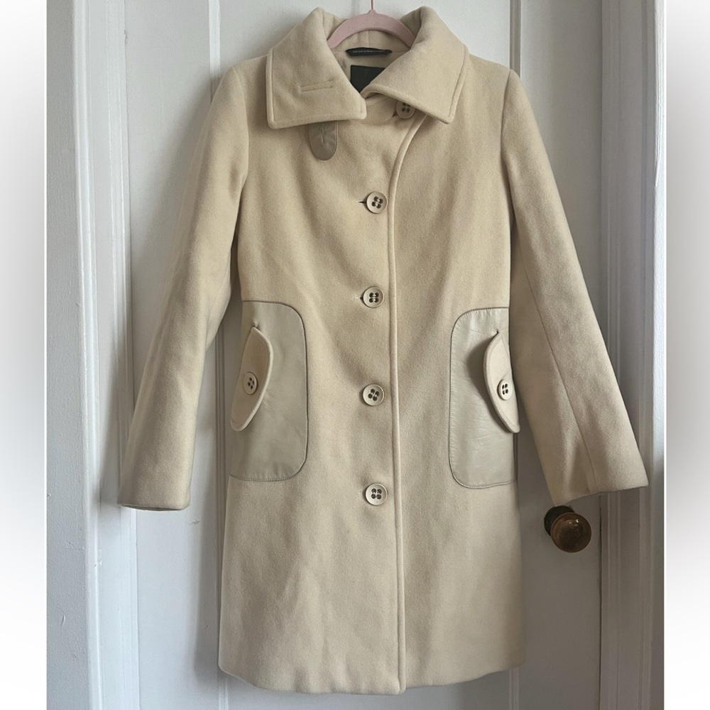 Mackage Cream Cashmere/ Wool Coat with Leather and Button Details
